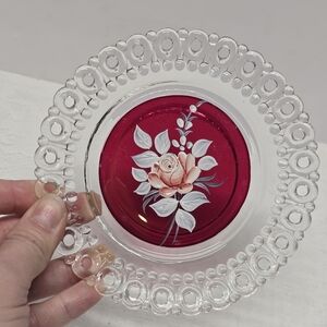 Vintage Westmoreland Clear Ruby Glass Floral Roses Plate Hand Painted 1976